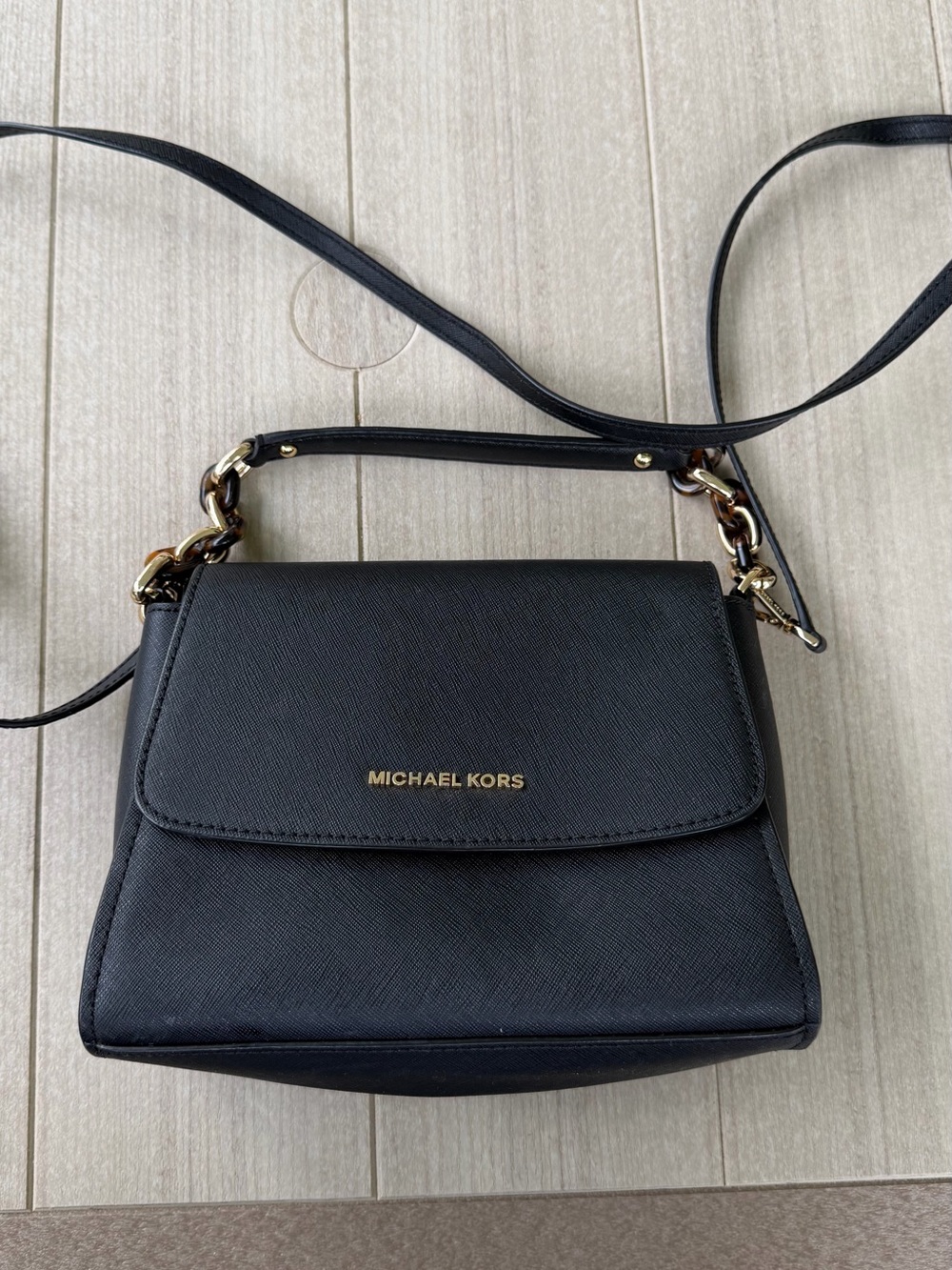 Michael Kors Black Crossbody Top-Handle Saffiano Bag with Gold Hardware
